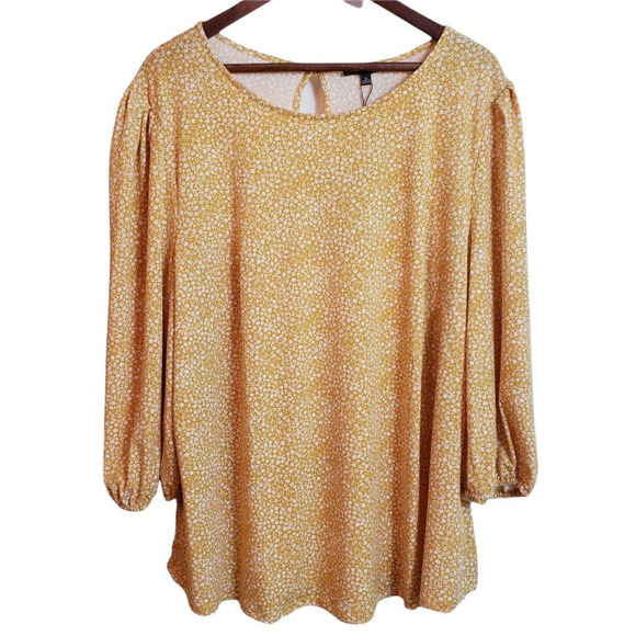 Adrianna Papell Tops - Adrianna Papell Women's Blouse Yellow Micro Floral Long Sleeve Jewel Neck 3X New